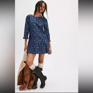 NWOT Free People The Avenue Mini Dress Floral Printed Ruffle Cutout Scoop Neck